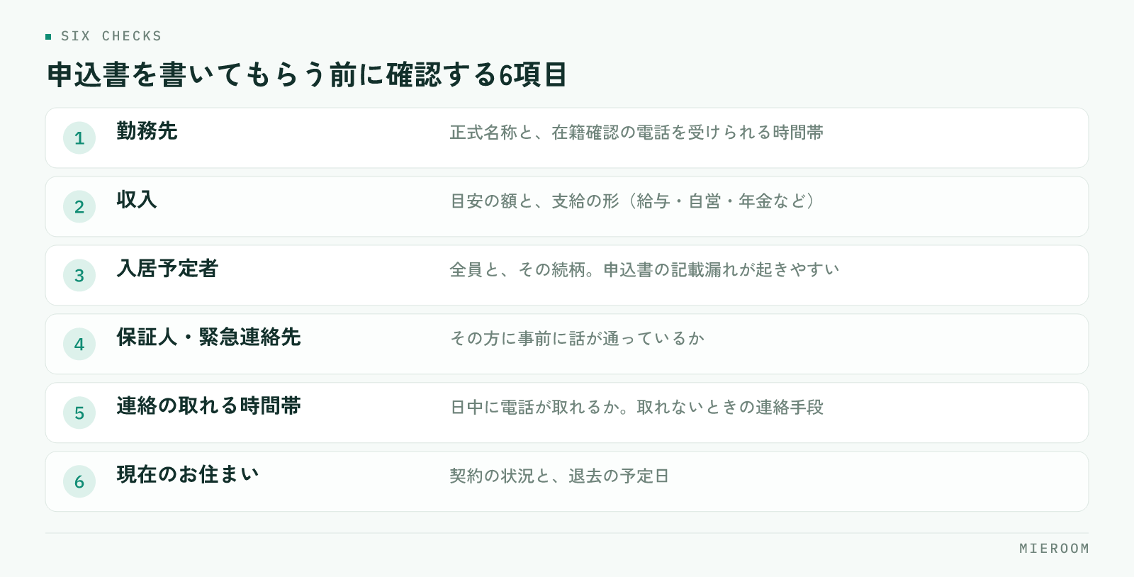 勤務先・収入・入居者・保証人・連絡時間帯・現住居の6項目と確認の要点を並べた図